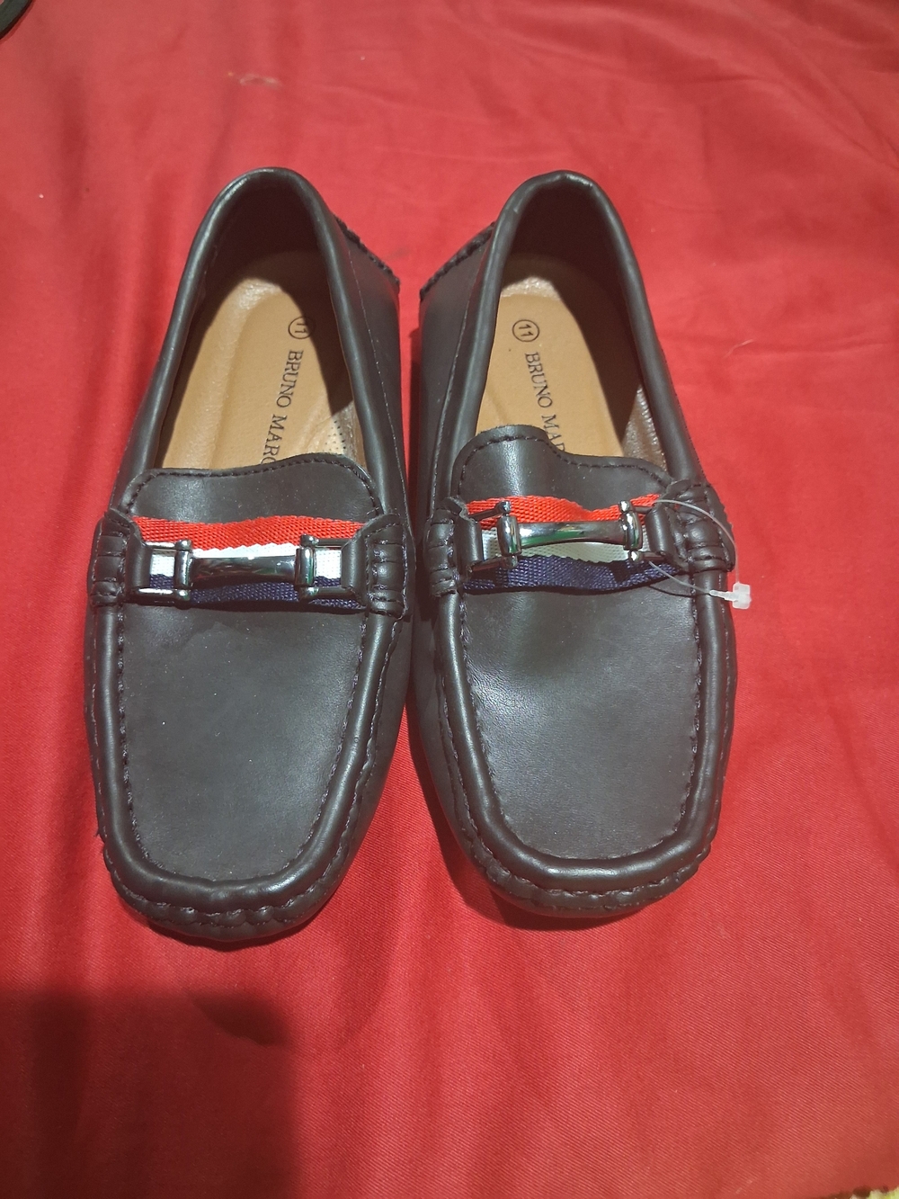 Bruno Marc Boys Black Leather Dress Loafers with Red & Navy Trim